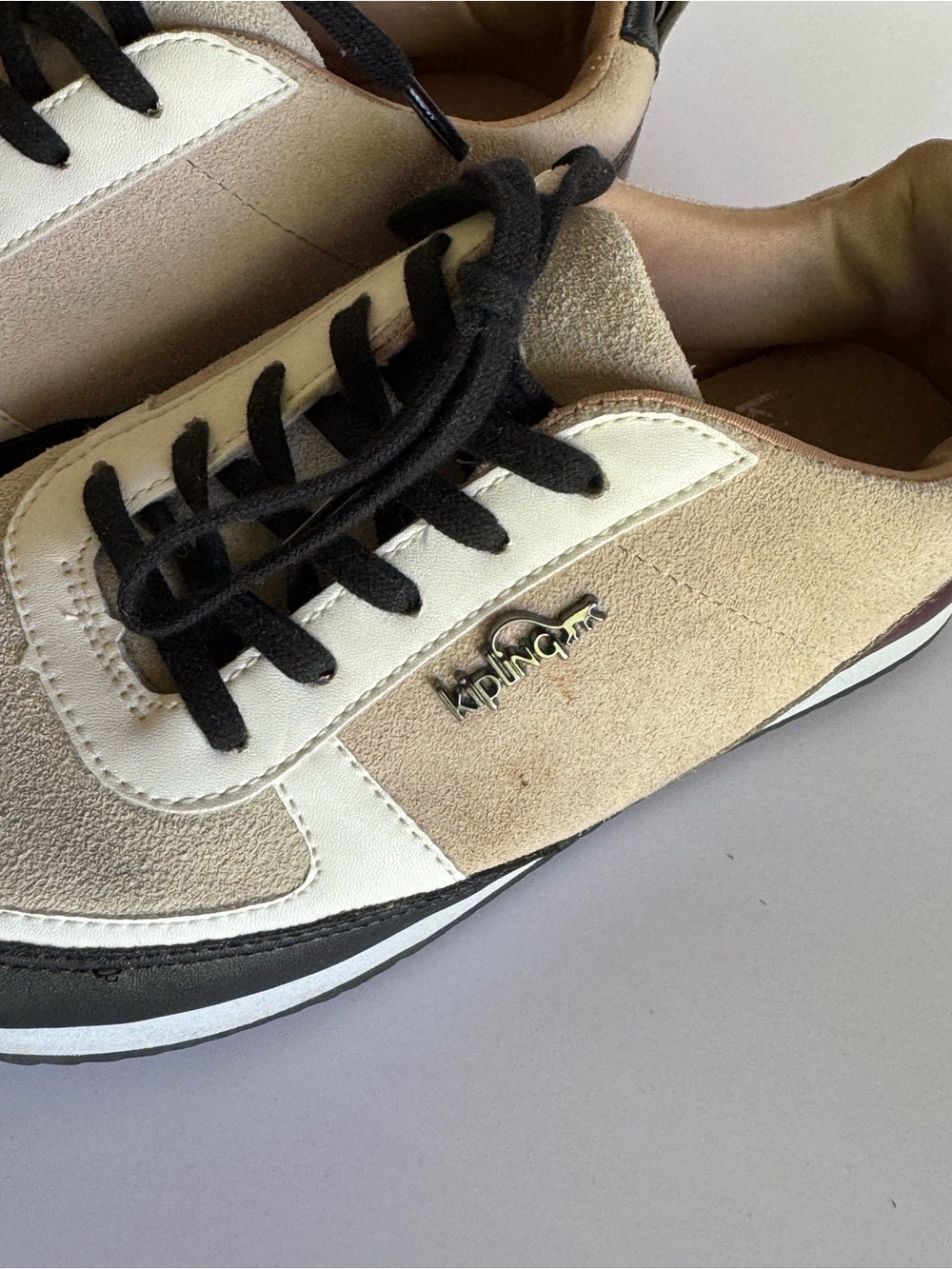 Kipling Beige, White and Black Suede Lace-Up Sneakers